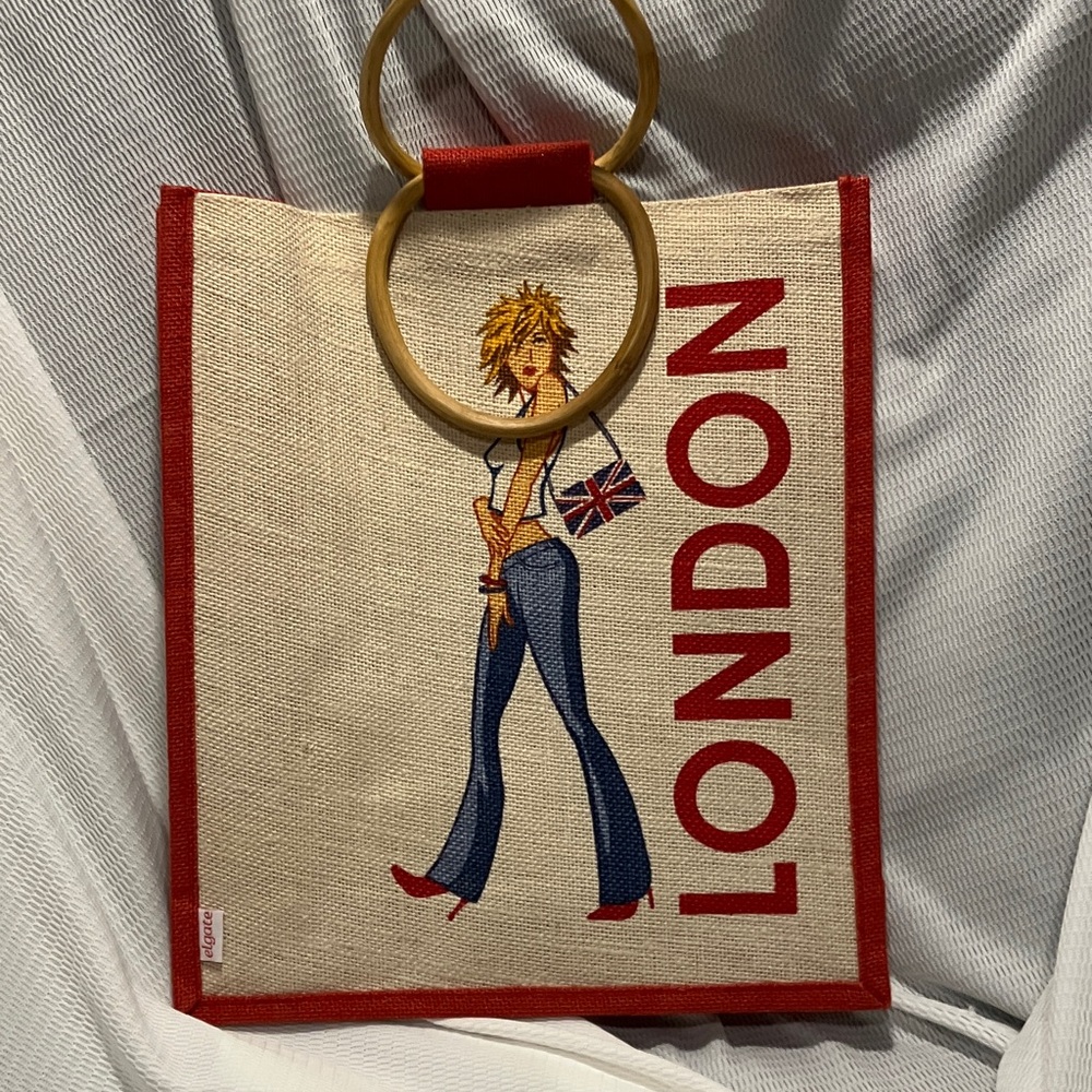 Beige Canvas Tote with Red Trim and London Graphic